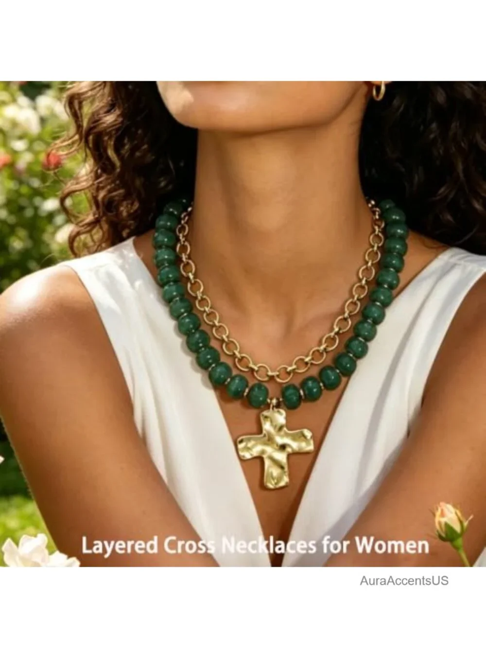 Chunky Beaded Cross Pendant Layered Necklace Acrylic Lobster Clasp